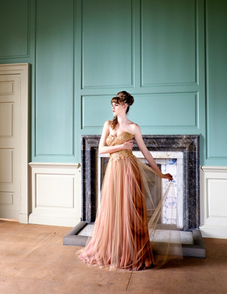 fashion photographer - fashion photography - colour image from fashion shoot a wentworth woodhouse featuring model wearing a gold and brown design dress