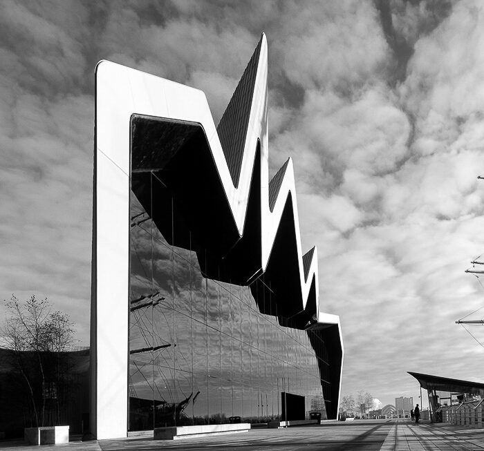a black and white image showing the design of the wave building designed by Zaha Hadid