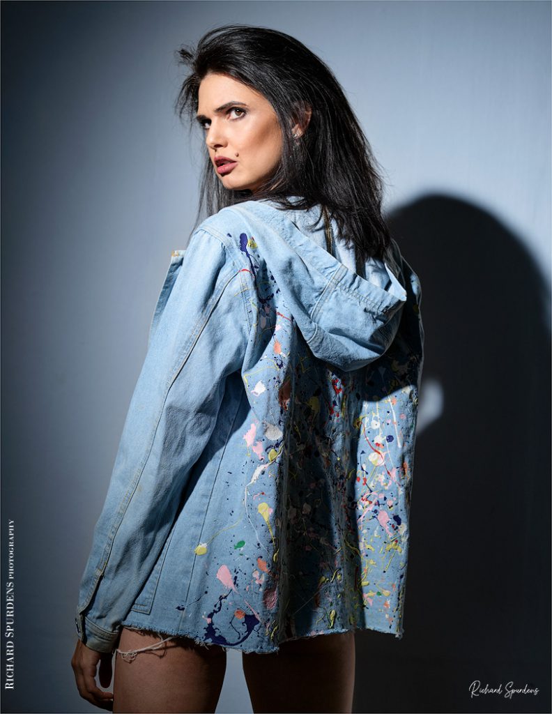 Fashion Photography - Fashion Photographer - colour image of model zoi wearing a vintage blue demin hoody
